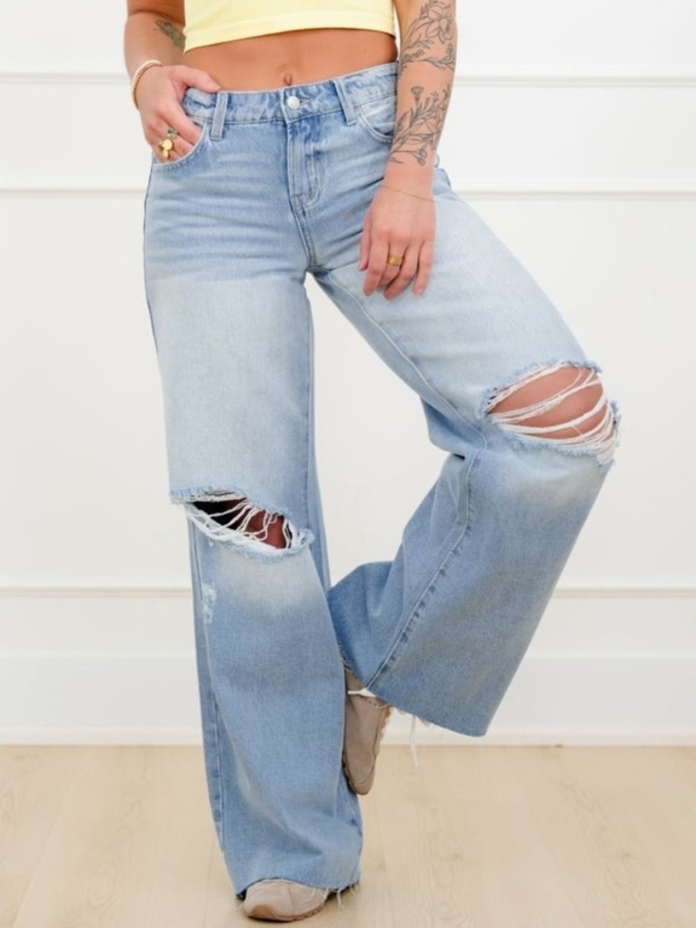 Cello Light Blue Distressed Wide-Leg Jeans
